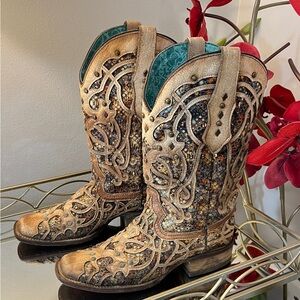 Corral Sequin & Studded Distressed Leather Inlay Western Boots Size 8